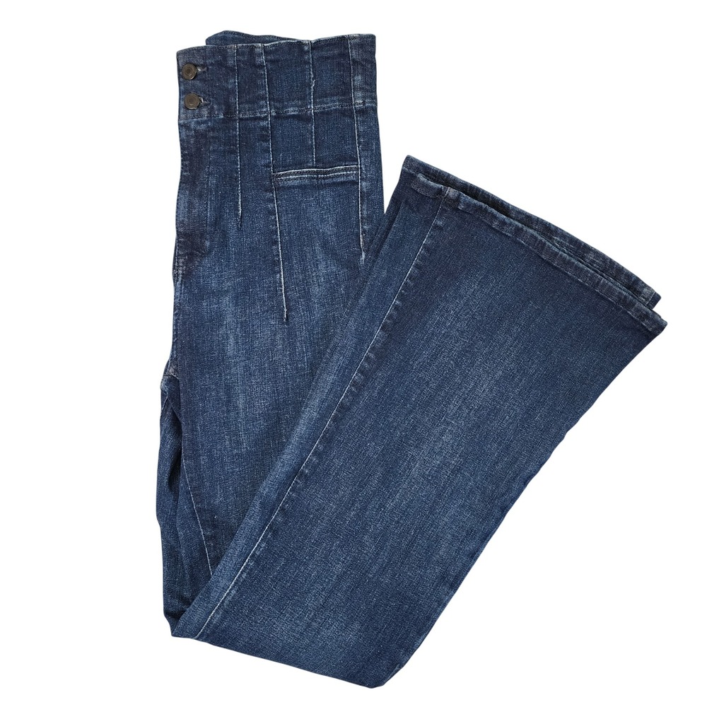 We The Free Denim Flare Jeans Dark Wash High Rise Seamed Waist 30 Boho 70s Retro